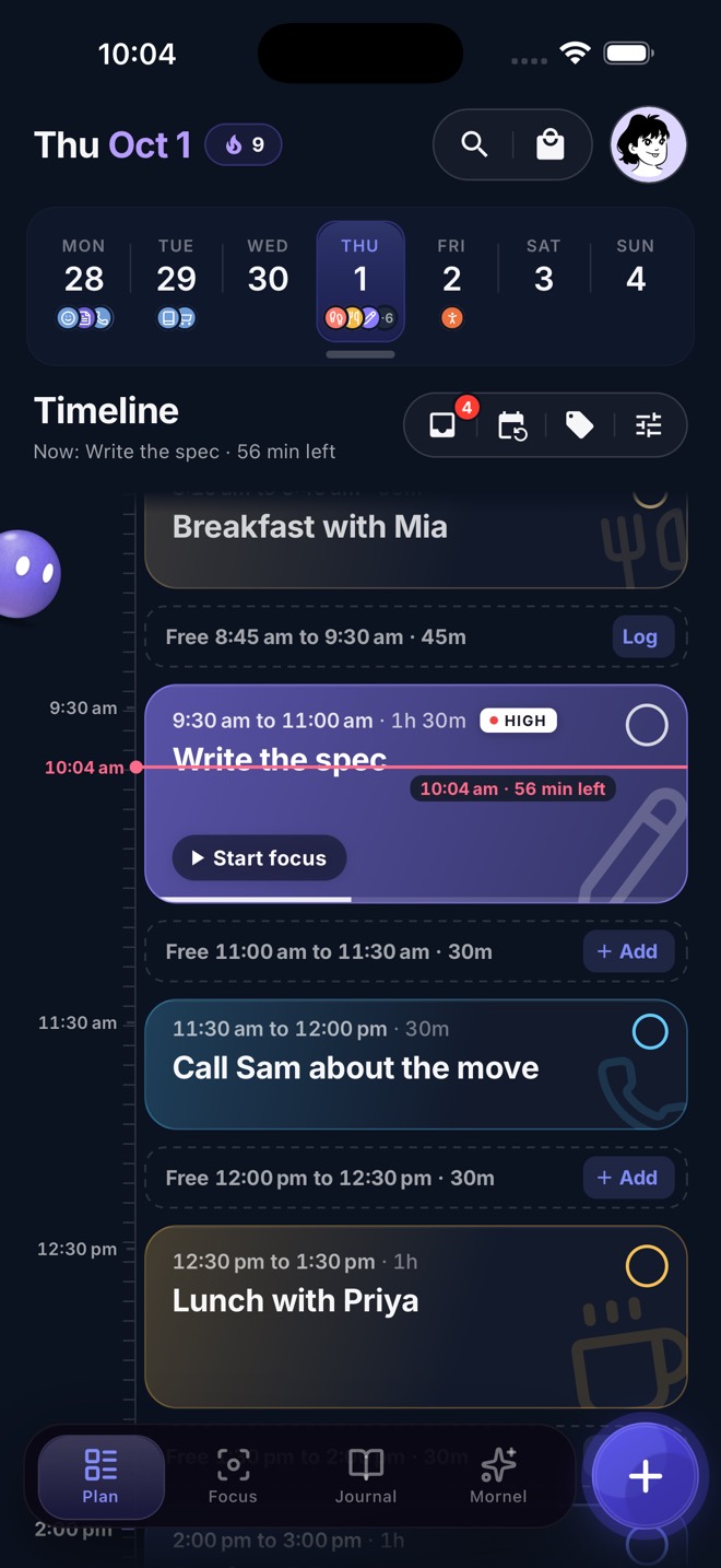 Mornel Plan: your day on a calm timeline