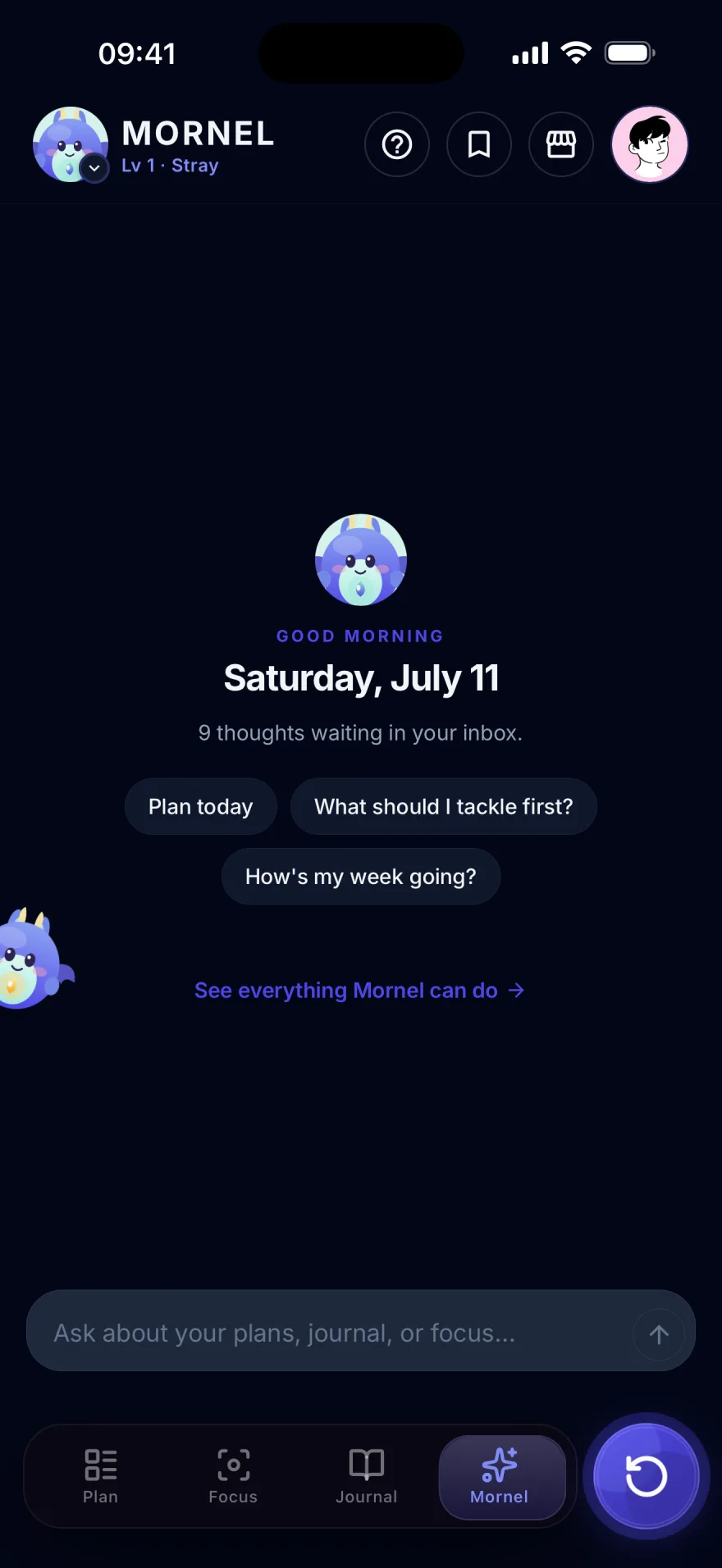 The Mornel tab — a good-morning briefing with the inbox count and one-tap suggestions like “Plan today”.