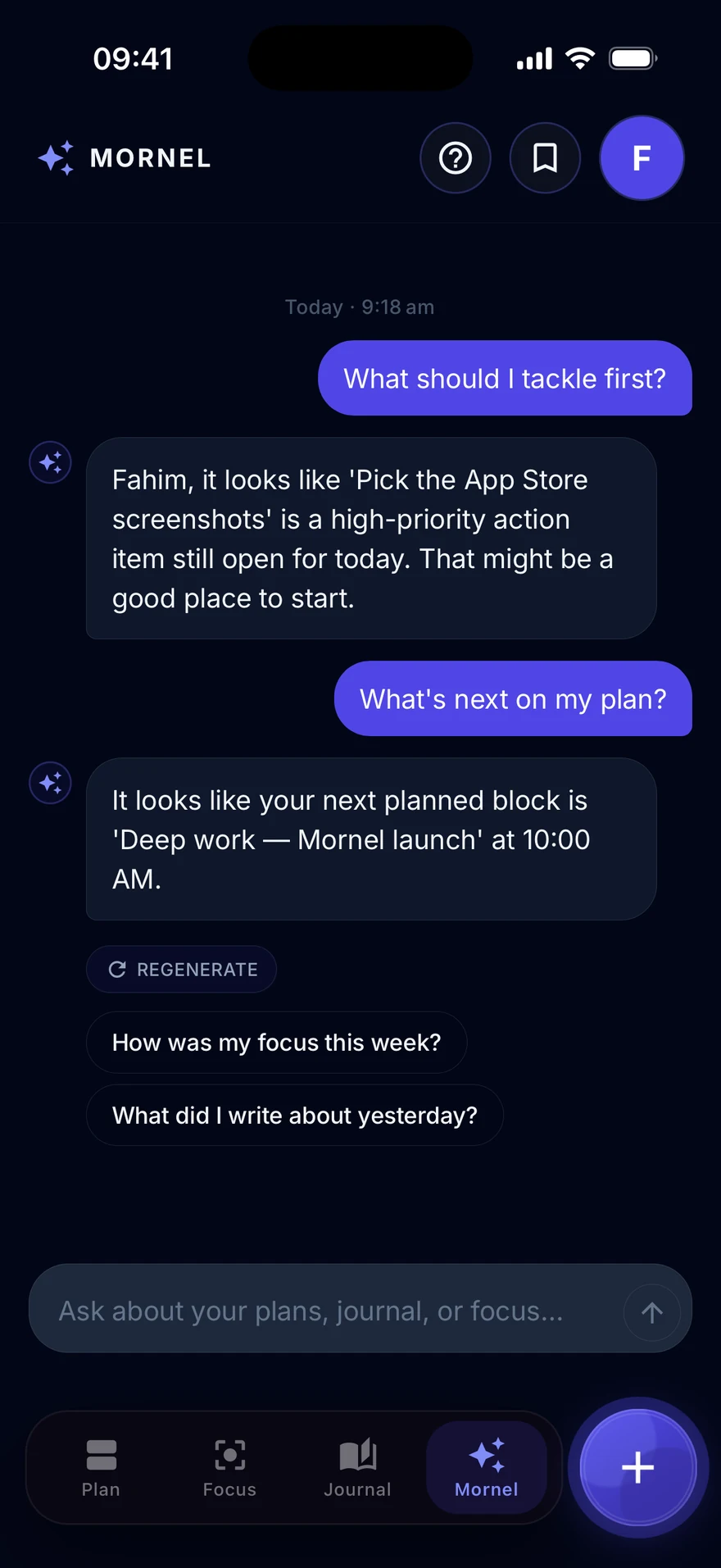 The Ask Mornel chat — the assistant answering what to tackle first using the real plan.