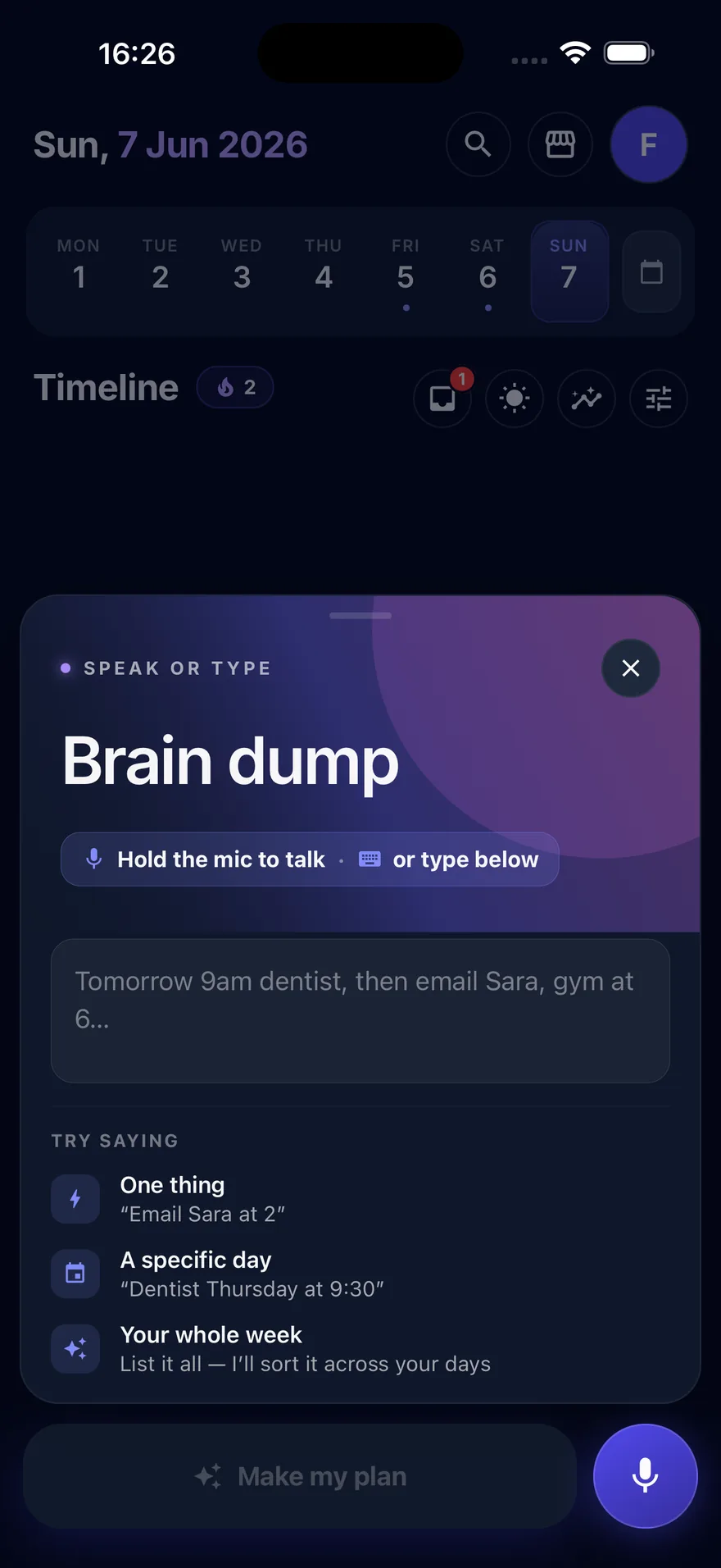 The Mornel voice brain-dump — hold the mic to talk, or type your morning thoughts.