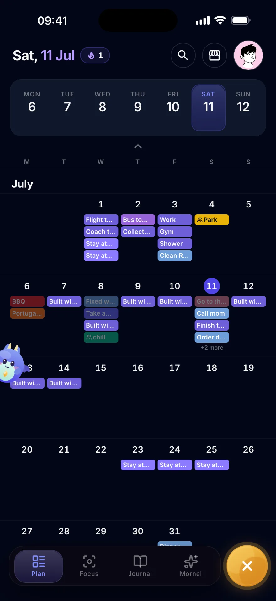 Mornel month calendar — a full month grid with day density dots and selected day detail below.