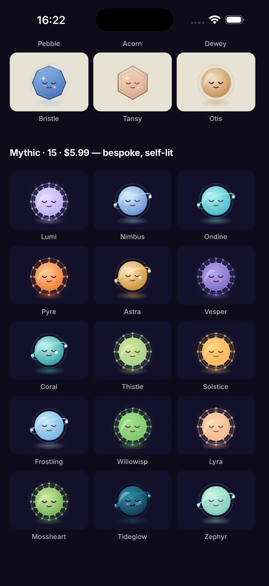 The Mornel companion collection — a grid of soft, self-lit spirit companions to unlock and collect.