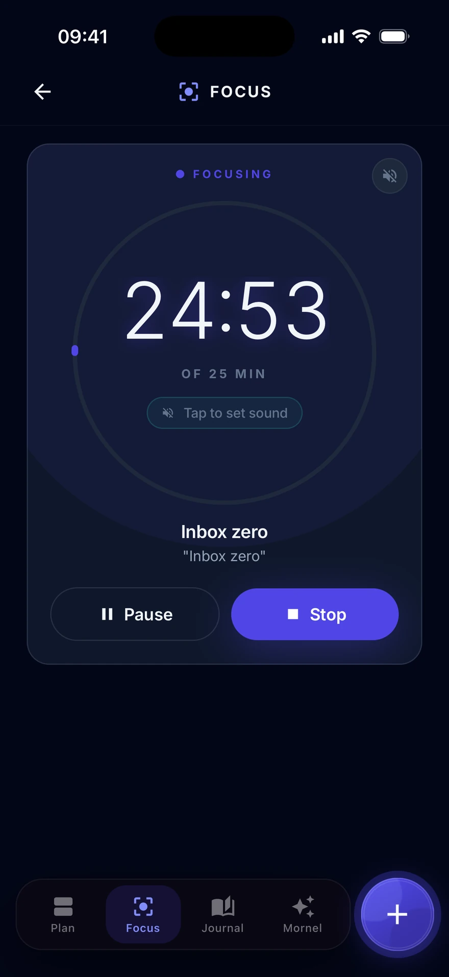 The Mornel Focus timer — a calm countdown ring mid-session, focused on “Inbox zero”.