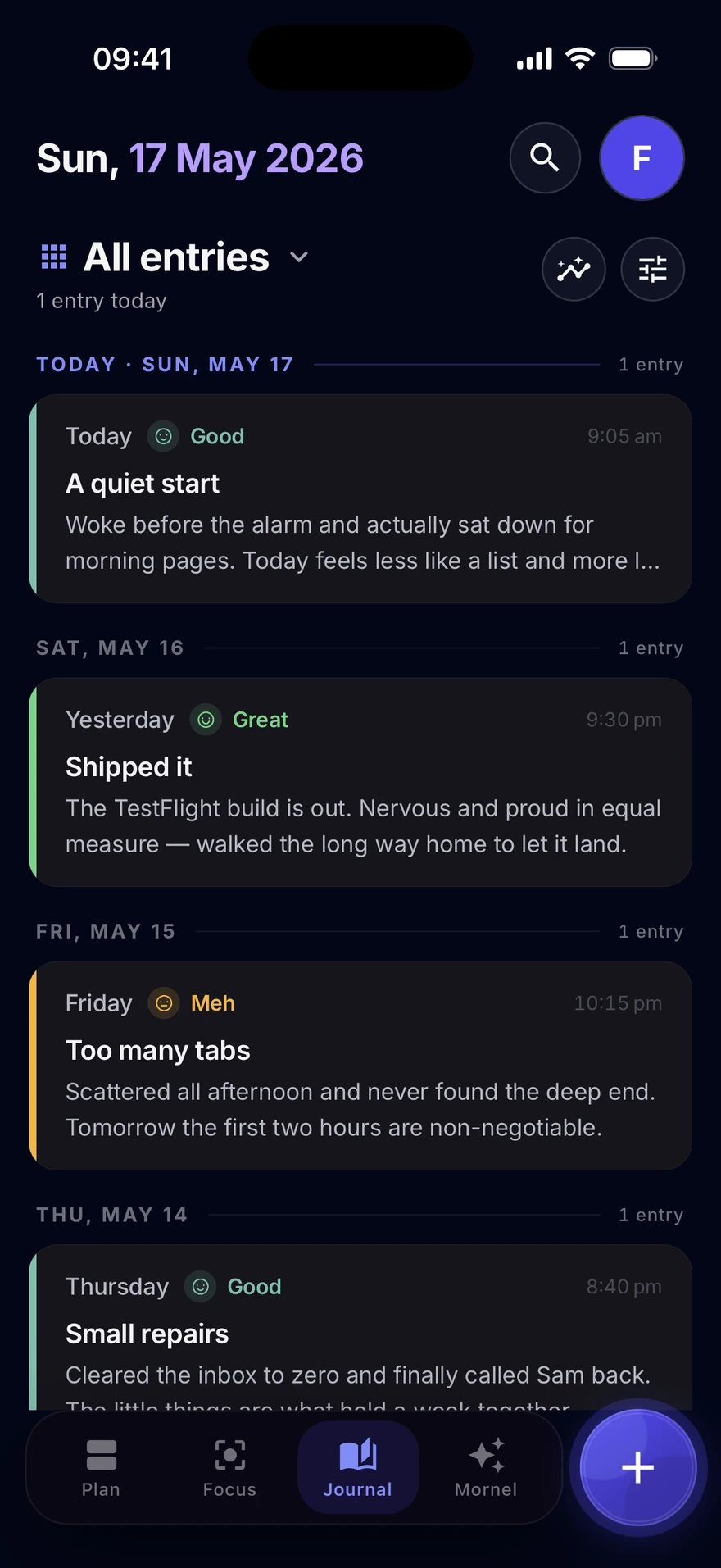 The Mornel Journal feed — reflective entries grouped by day, each tagged with a mood.