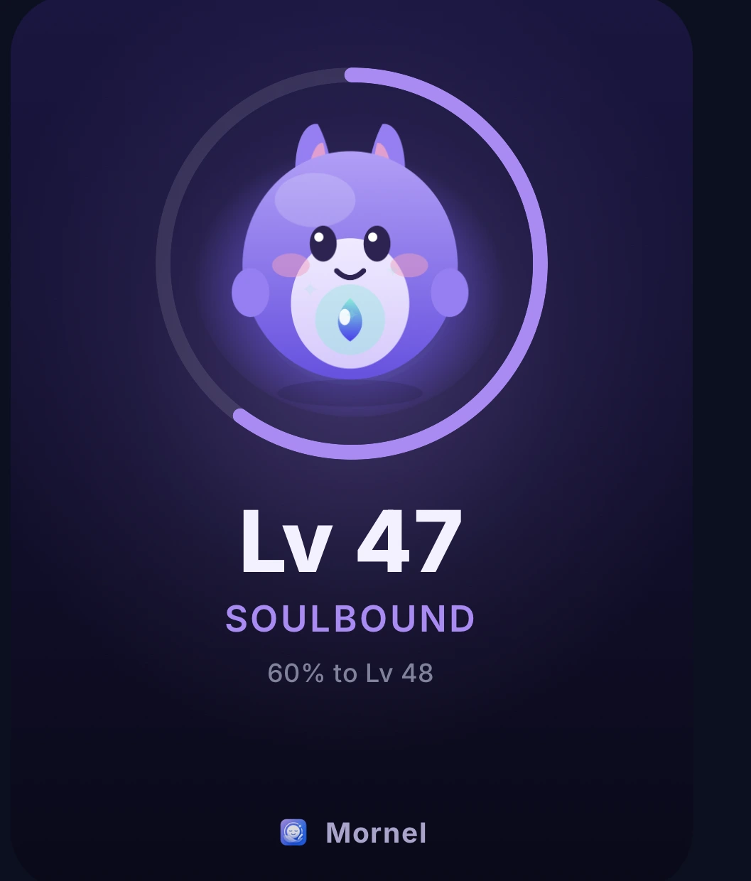 The KINDRED level-up card — companion at Lv 47 · SOULBOUND, 60% to Lv 48.