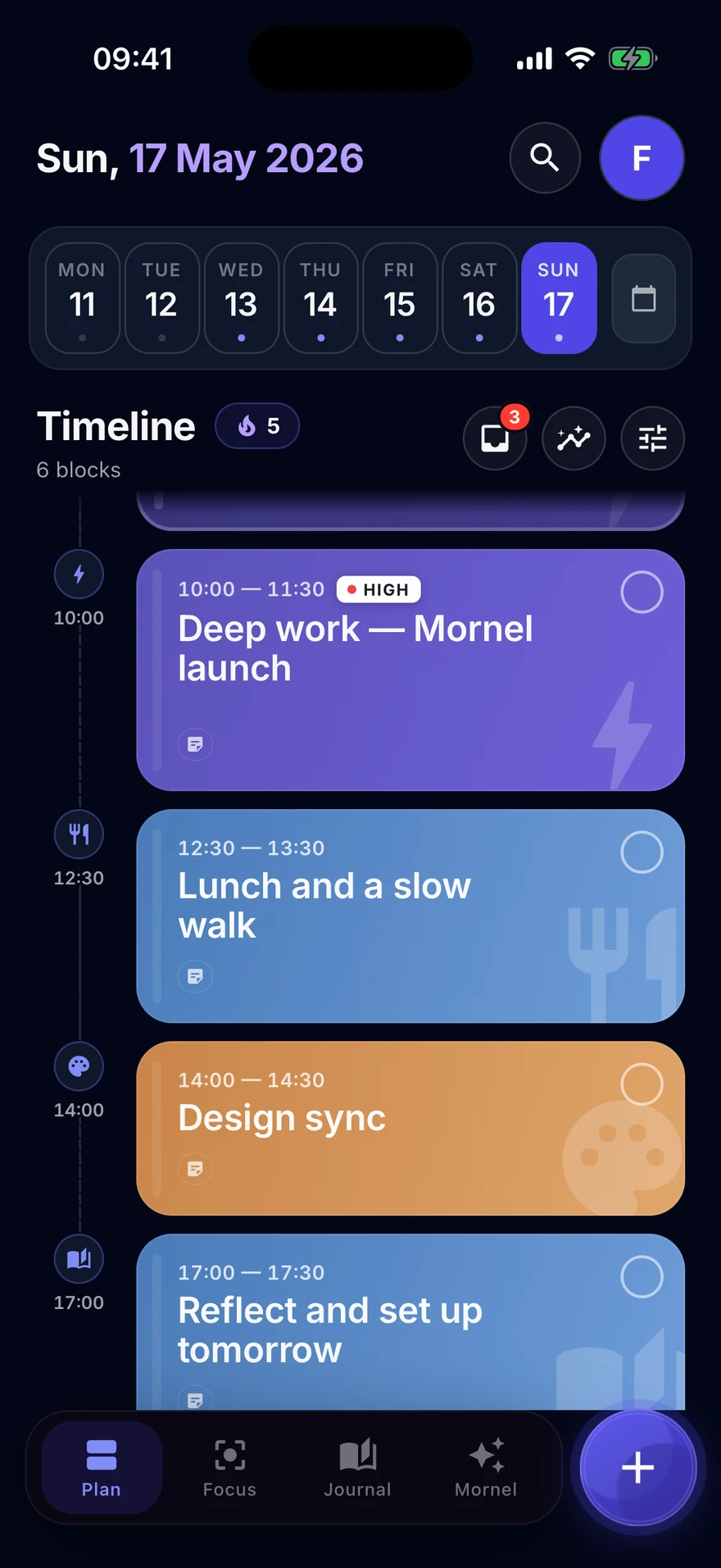The Mornel Plan timeline — colour-coded time blocks for deep work, lunch and a design sync.