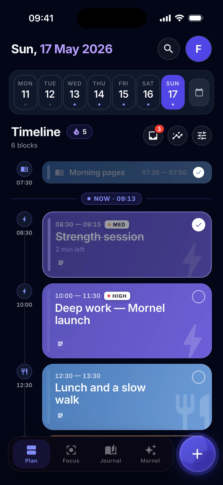 The Mornel Plan screen — a Sunday laid out as a calm timeline of colour-coded time blocks, with a streak and an inbox.