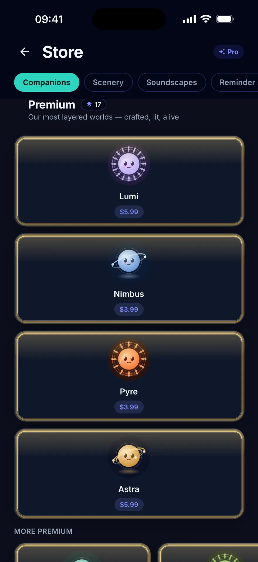 The Mornel store's Premium shelf — Lumi, Nimbus, Pyre and Astra in gilt frames, from the real in-app store.